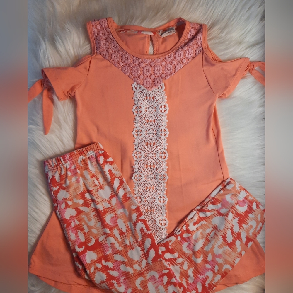 Girls 2 Pc Matching Set - Top & Leggings - Color: Coral/white - Girls:Size 7-8